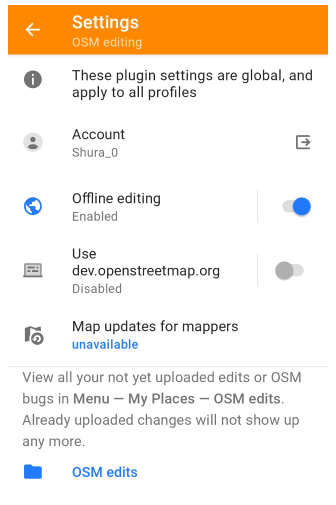 OpenStretMap editing plugin Settings Android