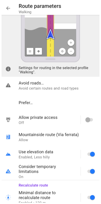 Pedestrian routing settings Android 2
