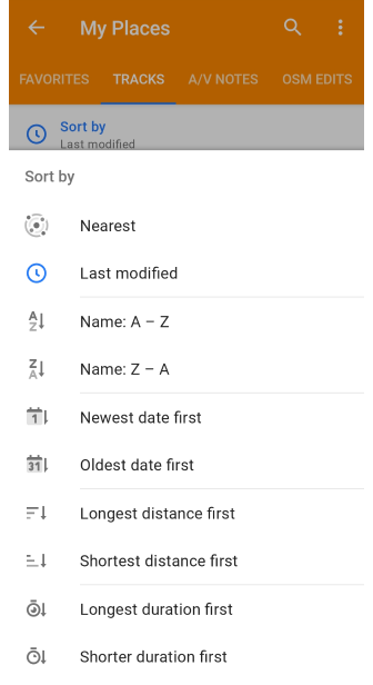 Meine Orte Tracks Sortierfunktion Android