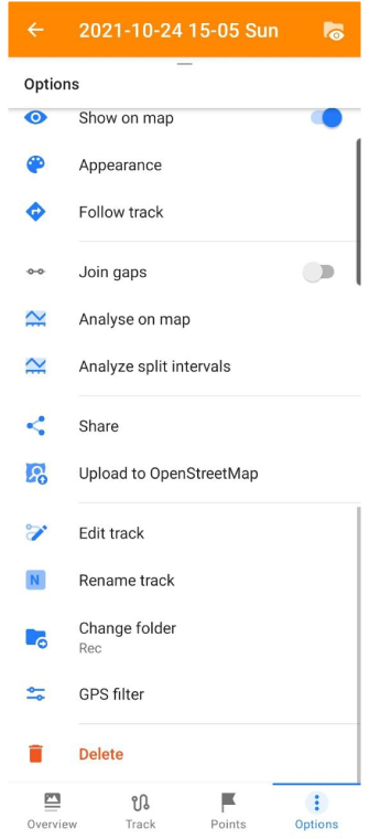 Track-Menü Optionen Android