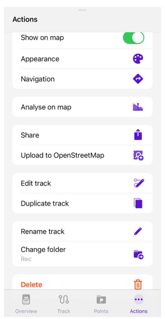Track-Menü Optionen Android