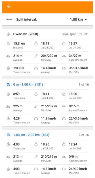 Track-Split-Intervall-Bildschirm Android