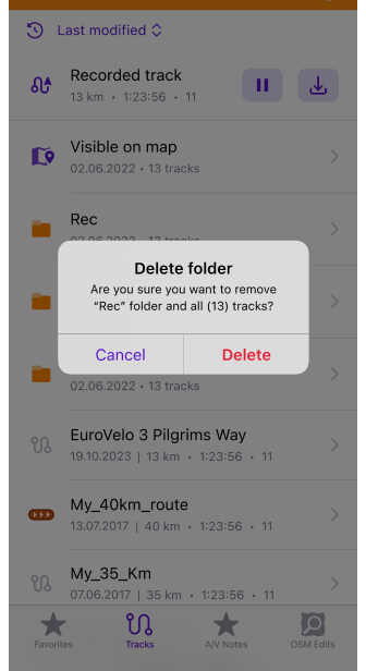 Kontextmenü eines Tracks in iOS