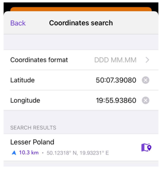 Szukaj współrzędnych iOS