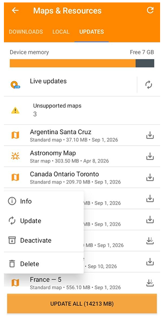 Kartenmenü Aktualisierungsreiter Android