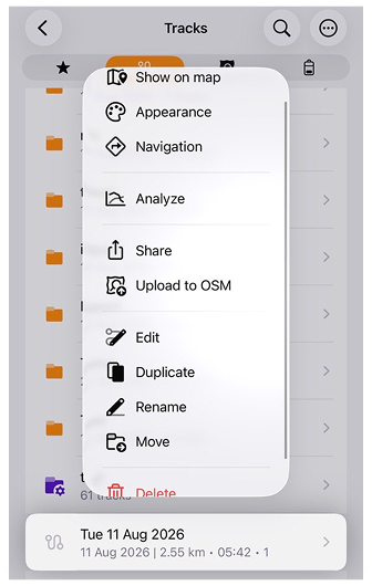 Kontextmenü eines Tracks in iOS