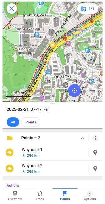 Menú contextual del track Puntos en Android