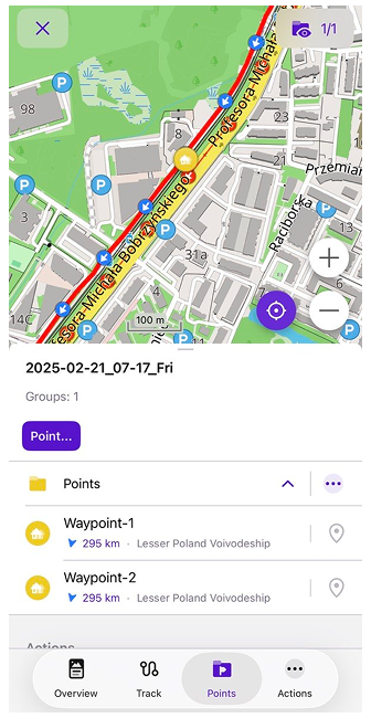 Menú contextual del track Puntos en iOS