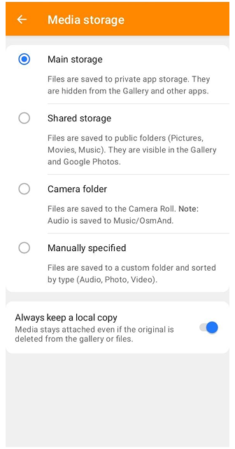 Impostazioni di archiviazione profili Android