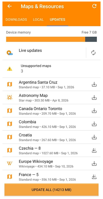 Kaartenmenu Kaarten bijwerken Android