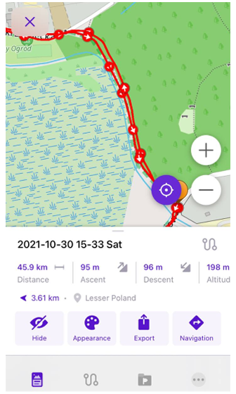 Ekran statystyk śladu iOS