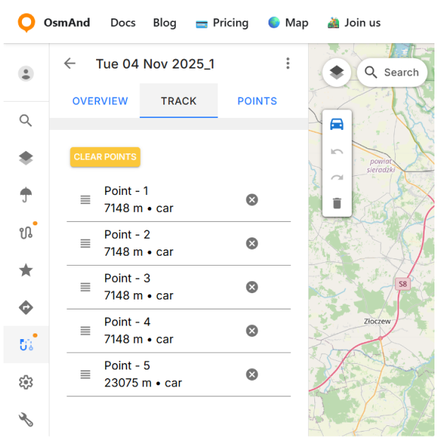 Panel Ślad w OsmAnd Web