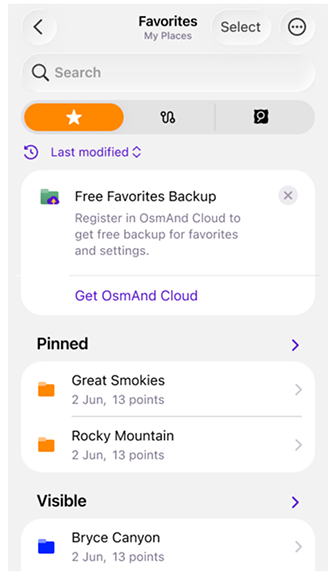 Menu Favoritos iOS