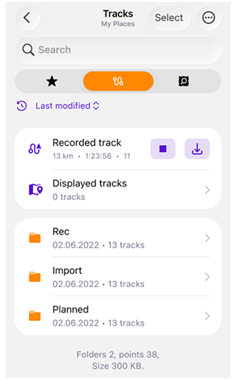 My Places with tracks in iOS