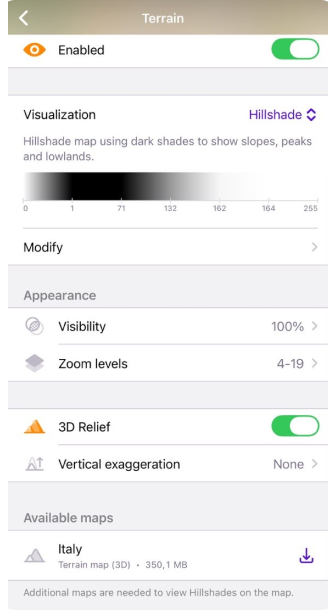 Terrain menu iOS